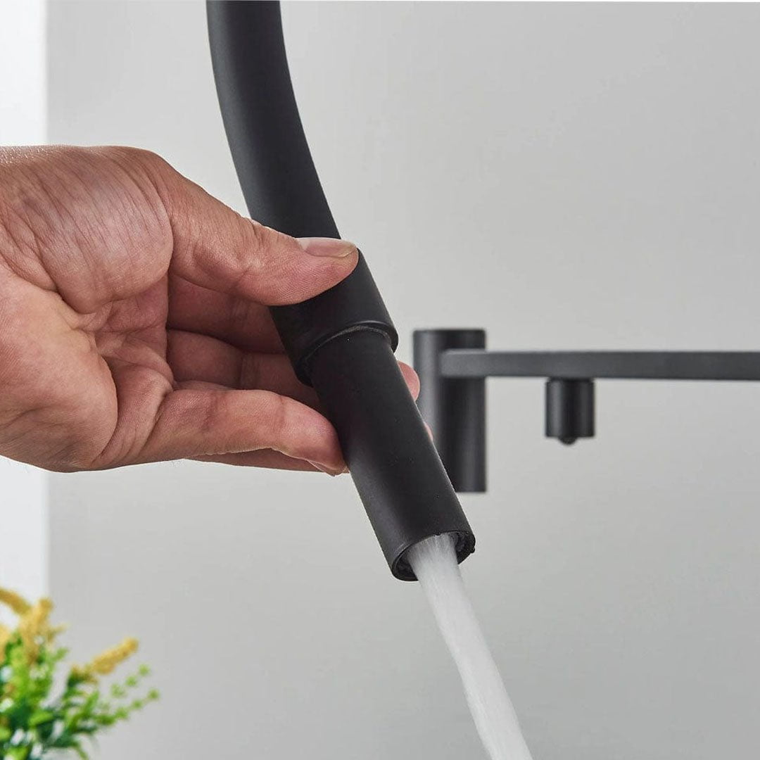 Baterie profesionala de bucatarie, cu dus flexibil, pipa pentru apa filtrata, negru mat, cod 1670