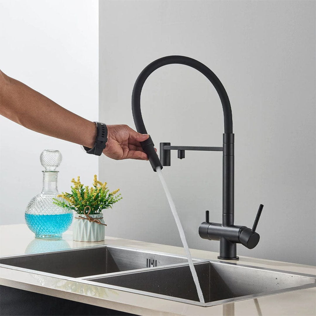 Baterie profesionala de bucatarie, cu dus flexibil, pipa pentru apa filtrata, negru mat, cod 1670