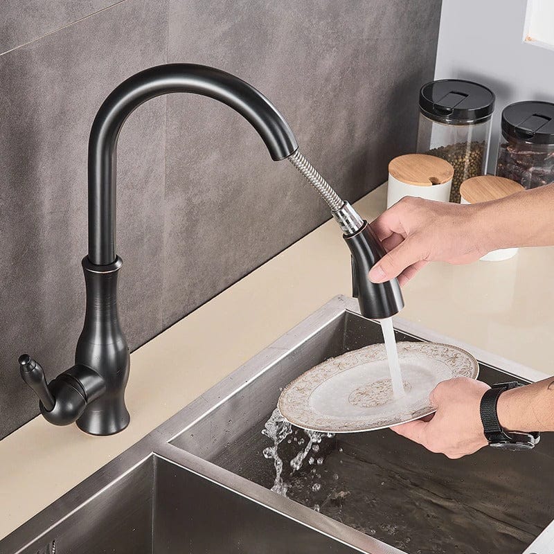 Baterie profesionala de bucatarie, negru cu bronz pe margine cu furtun extractibil si 2 functii de curgere, cod 1280