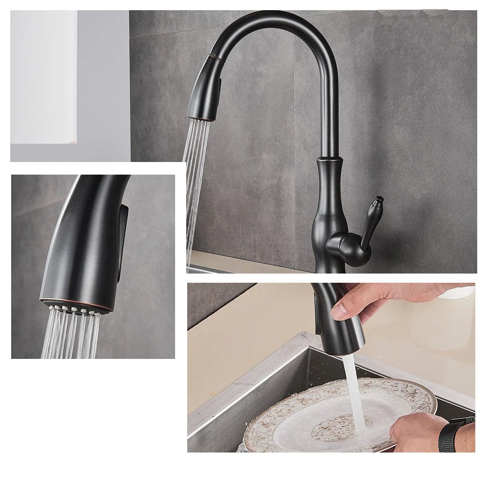 Baterie profesionala de bucatarie, negru cu bronz pe margine cu furtun extractibil si 2 functii de curgere, cod 1280