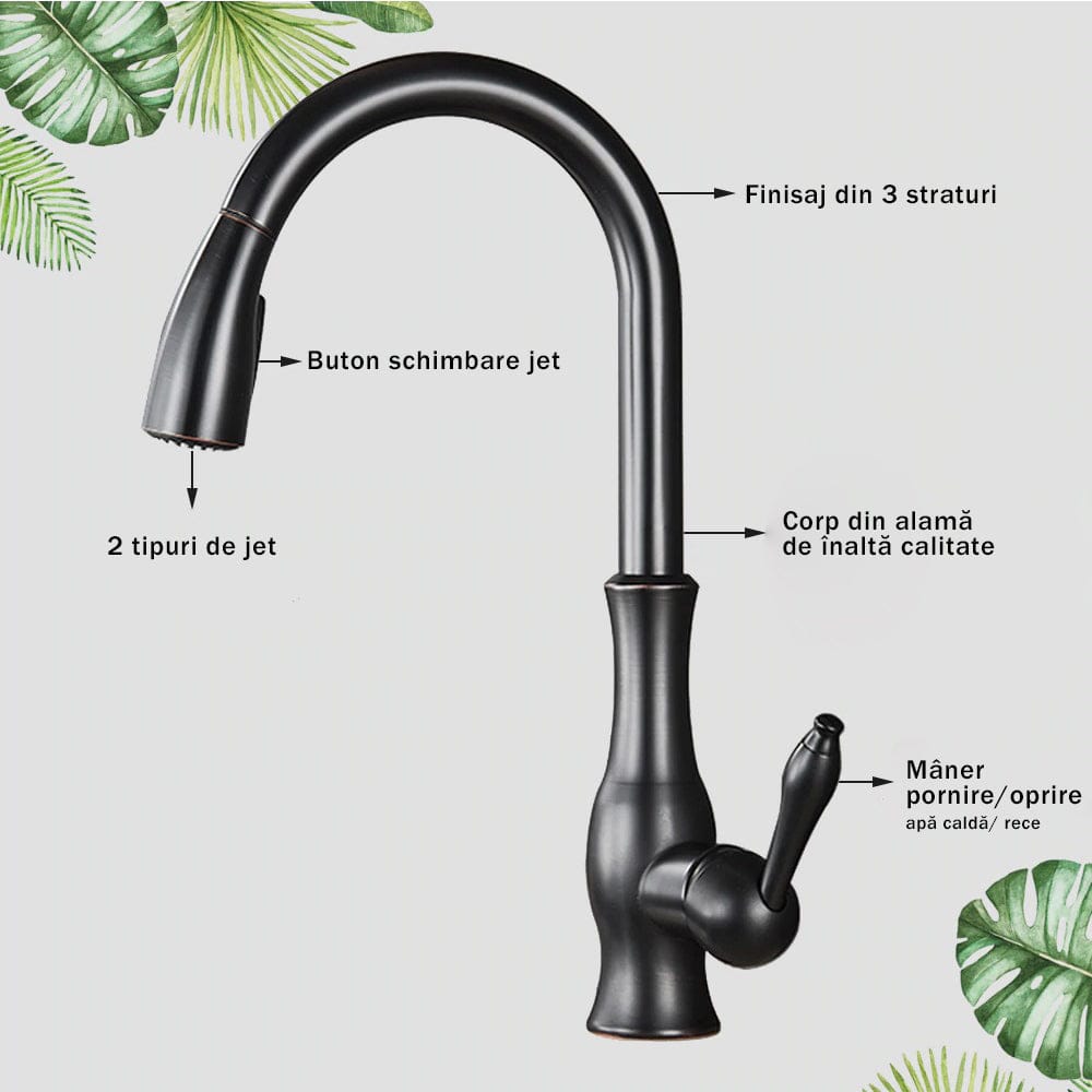 Baterie profesionala de bucatarie, negru cu bronz pe margine cu furtun extractibil si 2 functii de curgere, cod 1280