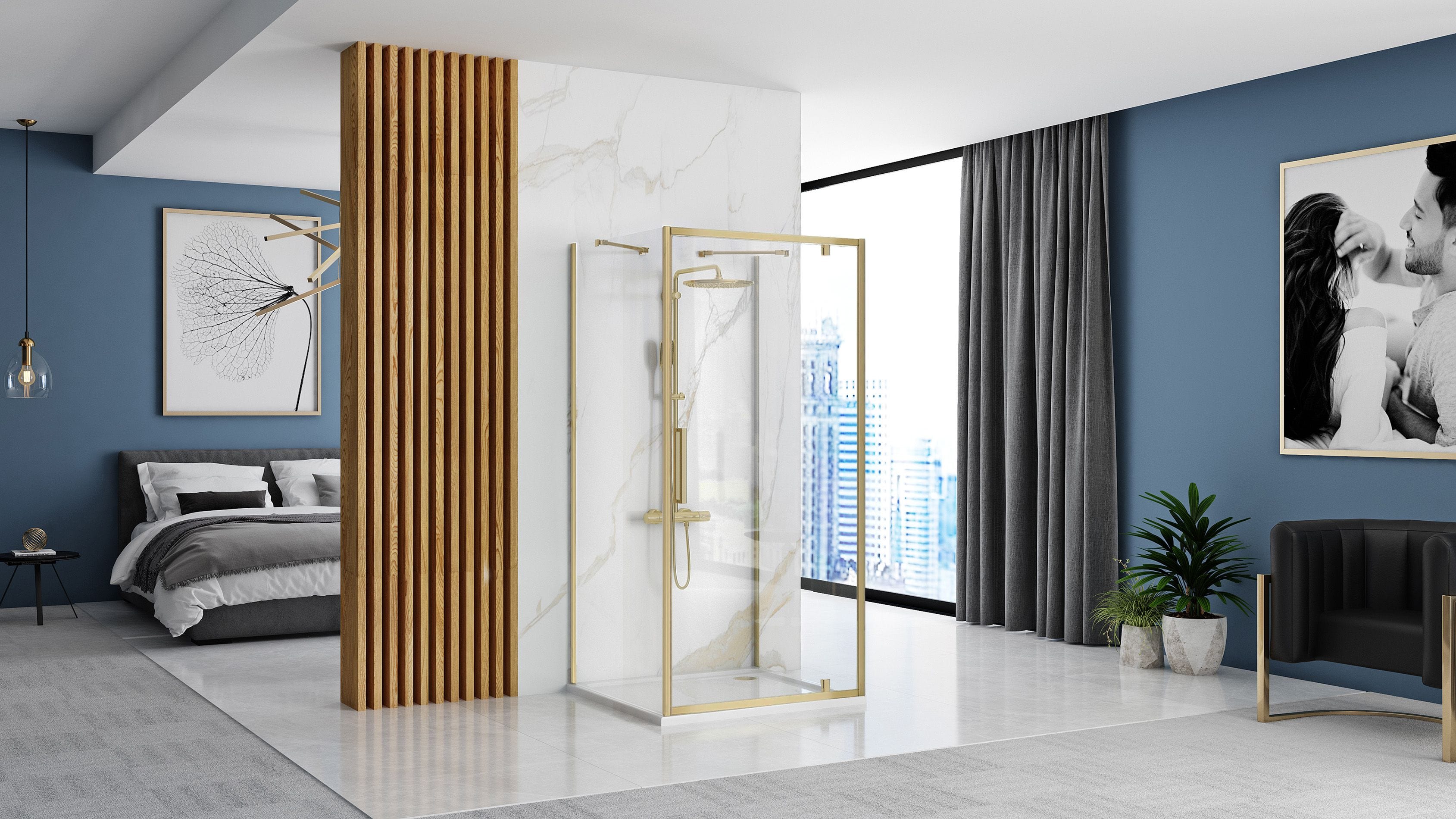 Cabină de duș de perete Rea Rapid Swing, auriu periat, 100x80 cm