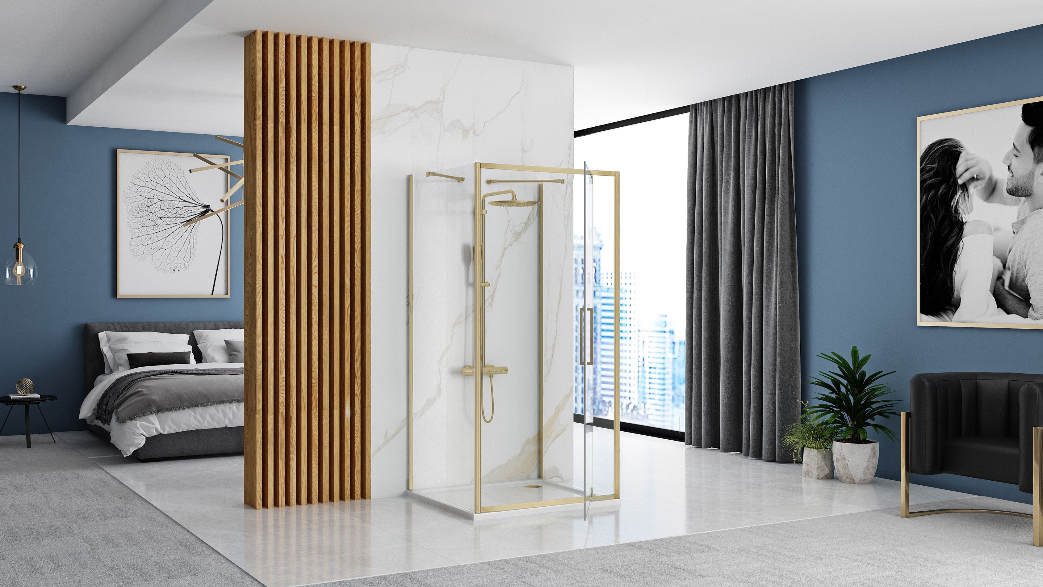 Cabină de duș de perete Rea Rapid Swing, auriu periat, 100x80 cm
