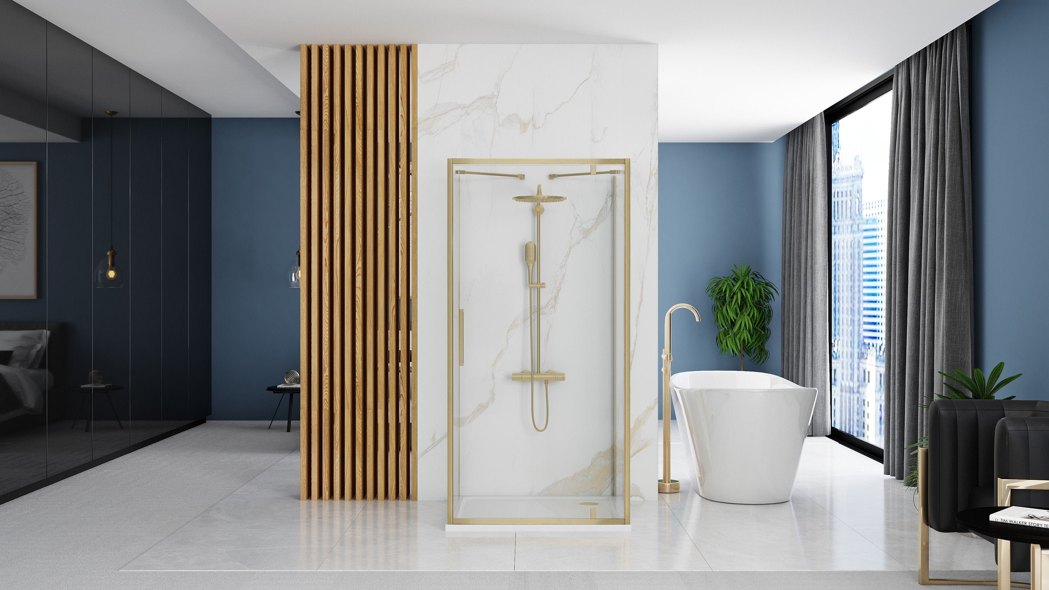Cabină de duș de perete Rea Rapid Swing, auriu periat, 90x80 cm