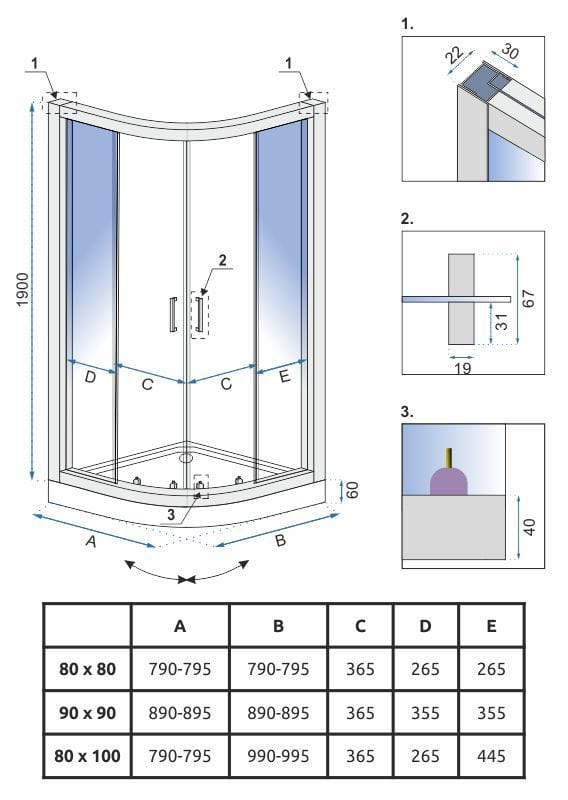 Cabină de duș Rea Look, negru, 80x100 cm dreapta