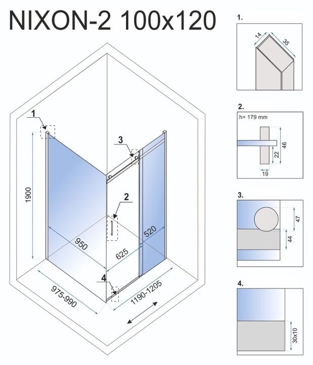 Cabină de duș Rea Nixon, crom, 100x120 cm dreapta