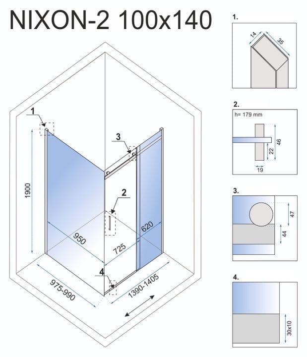 Cabină de duș Rea Nixon, crom, 100x140 cm stanga