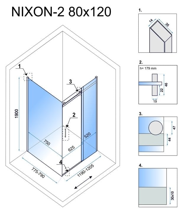 Cabină de duș Rea Nixon, crom, 80x120 cm stanga