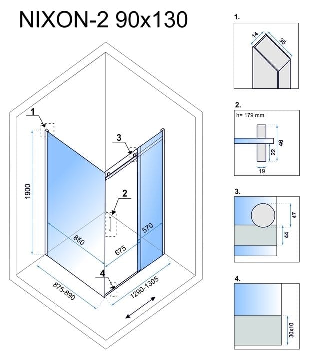 Cabină de duș Rea Nixon, crom, 90x130 cm stanga