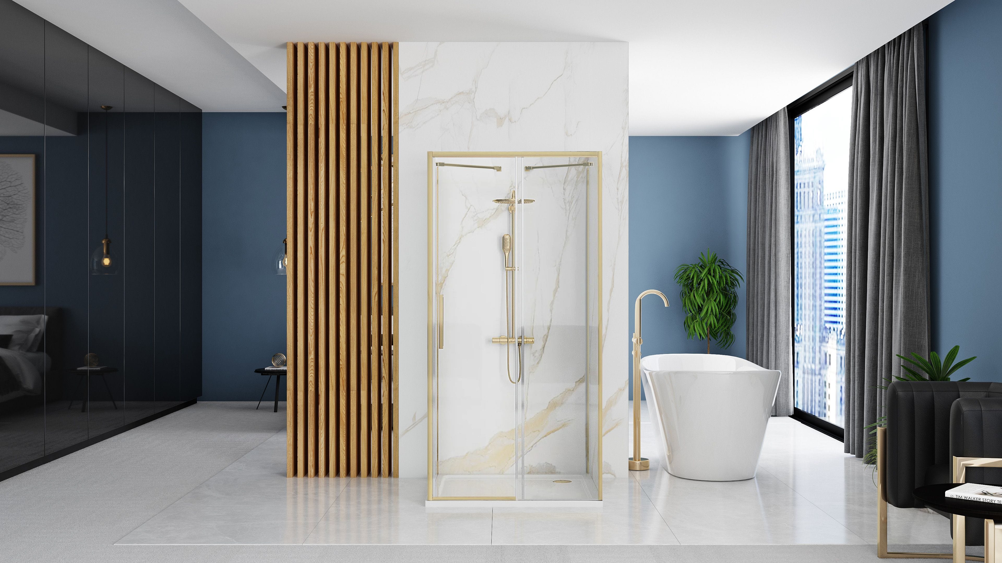 Cabină de duș Rea Rapid Slide, auriu periat, 100x90 cm