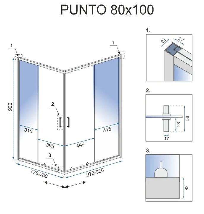 Cabina de dus de colt Rea Punto, auriu lucios, 80x100 cm