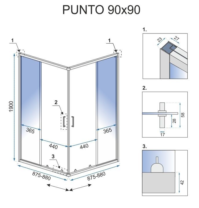 Cabina de dus de colt Rea Punto, auriu lucios, 90x90 cm