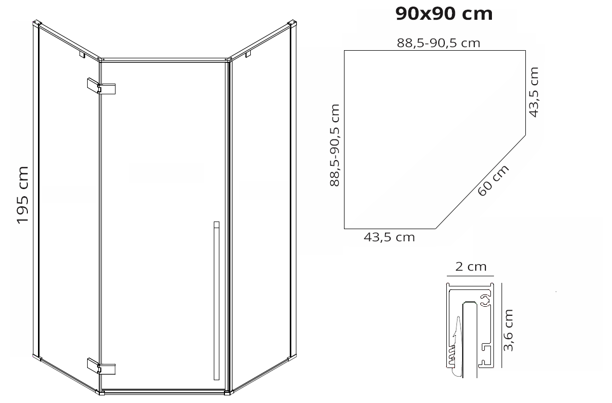Cabina dus cu cadita Rea Diamond 90x90 cm – profil auriu periat