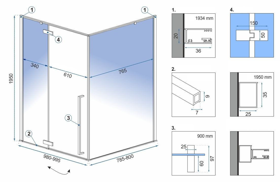 Cabina dus Rea Fargo 100x80 cm cu cadita Savoy black – profil negru mat