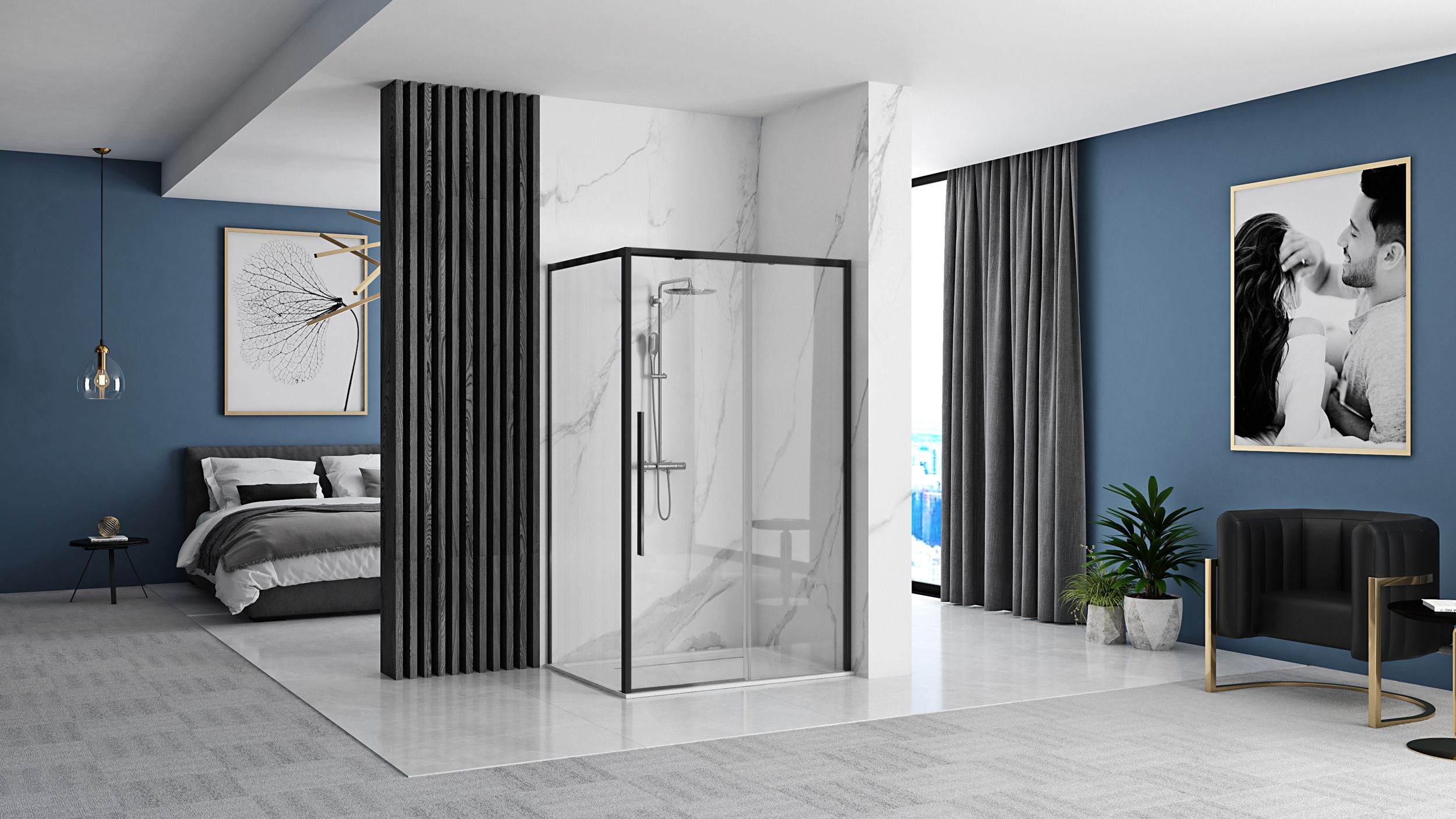 Cabina dus Rea Solar Black Mat, cu cadita Savoy 100x80 cm – profil negru mat