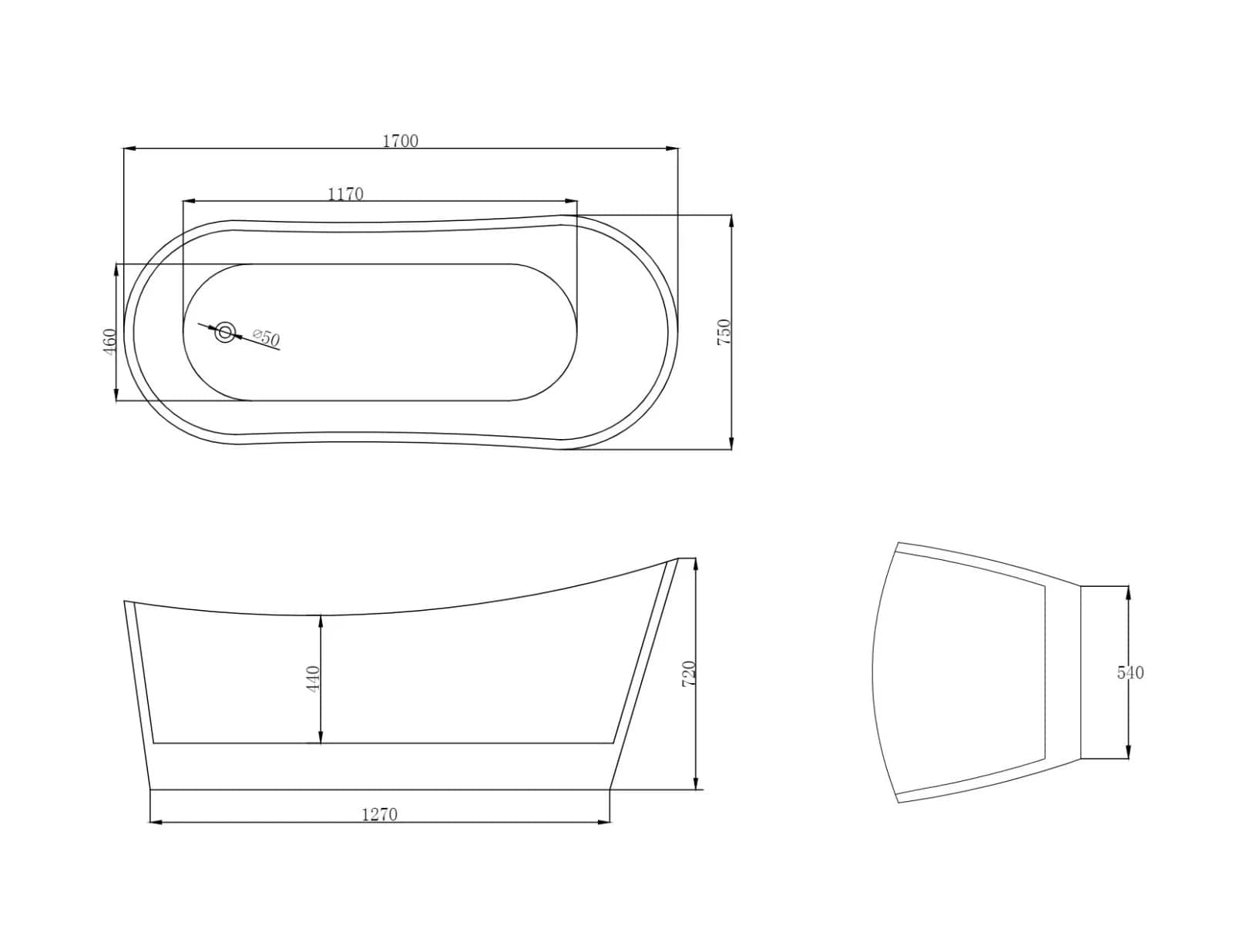 Cada baie freestanding, oval curbată cu preaplin, 170 x 75 cm