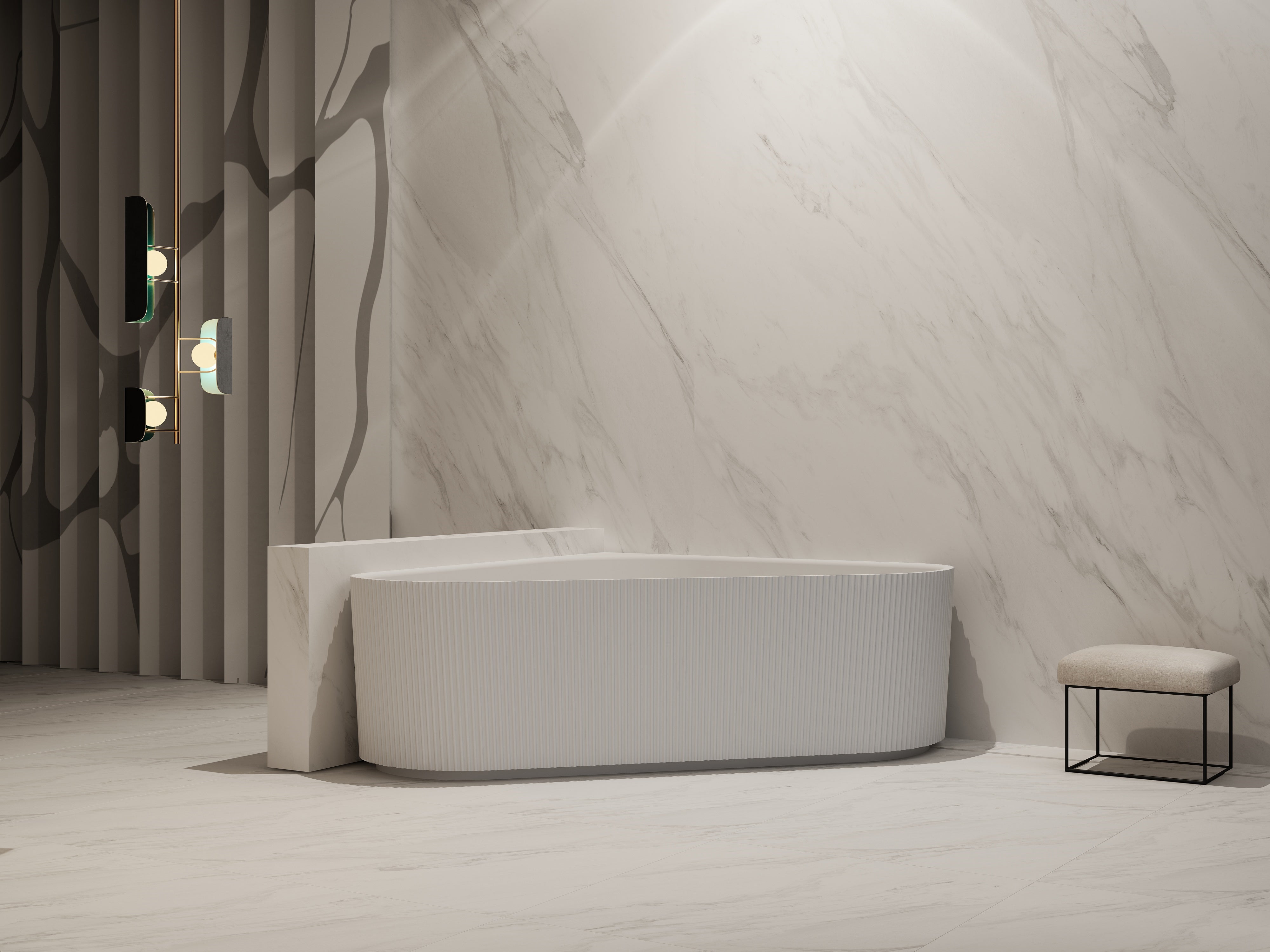 Cada de baie, de colt, 1500x1500x580, din acril, alb lucios, riflat, MonBlari