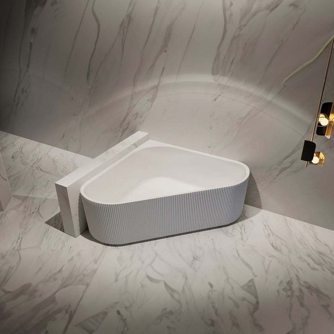 Cada de baie, de colt, 1500x1500x580, din acril, alb lucios, riflat, MonBlari