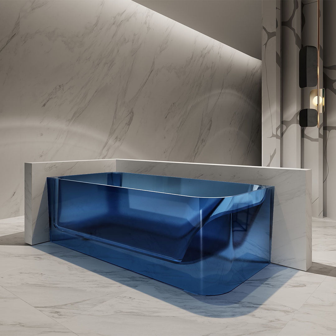 Cada de baie, de colt, 1500x720x550, din rasina, dreptunghiulara, albastru transparent, MonBlari