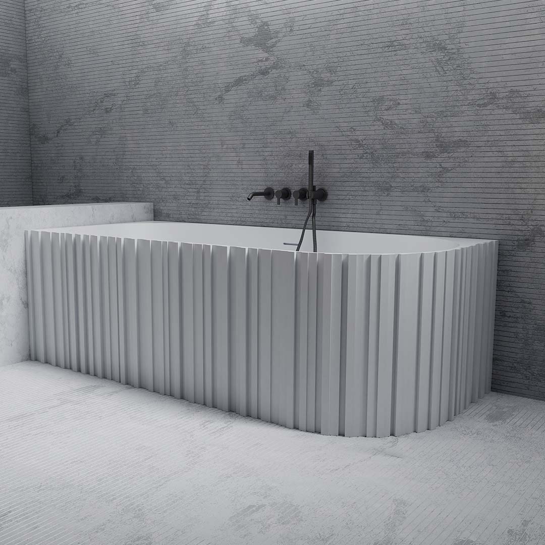 Cada de baie, de colt, 1700x750x550mm, ovala, din compozit, alb, riflaj vertical, MonBlari