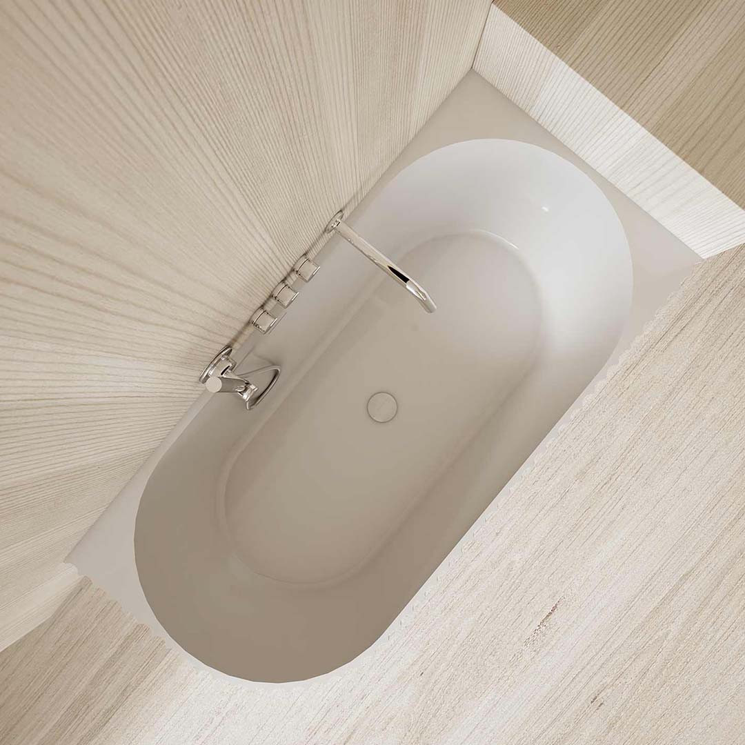 Cada de baie, de colt, 1700x800x580 mm, din compozit, ovala, alb mat, cu riflaje, MonBlari