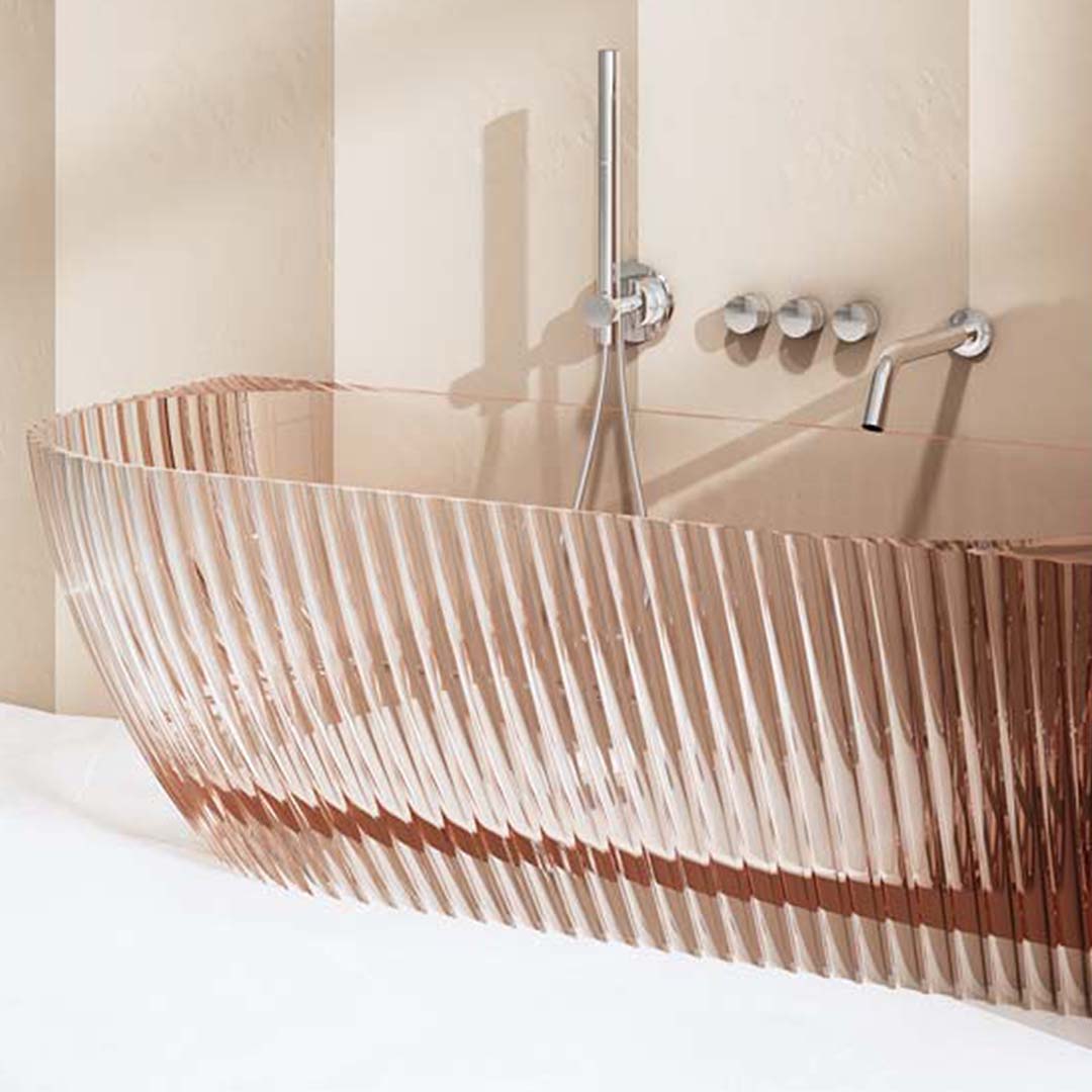 Cada de baie, de colt, 1700x800x580 mm, din rasina, ovala, roz transparent, cu riflaje, MonBlari