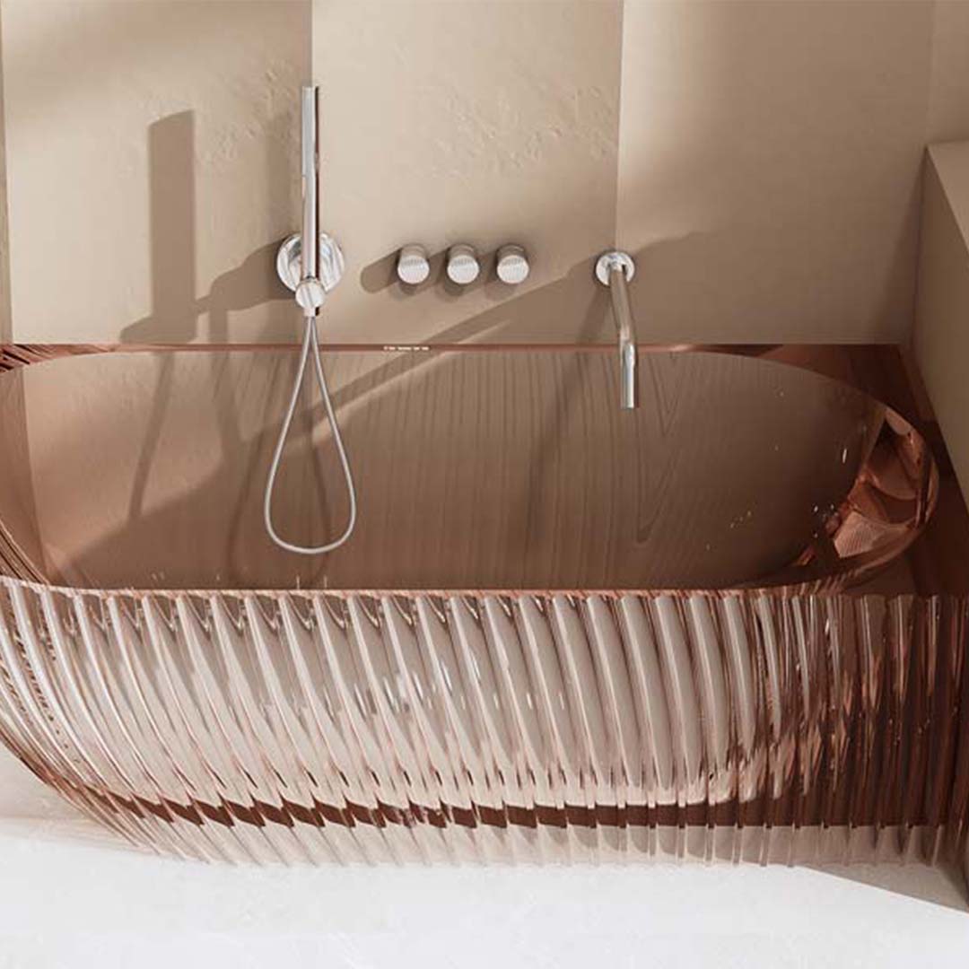 Cada de baie, de colt, 1700x800x580 mm, din rasina, ovala, roz transparent, cu riflaje, MonBlari