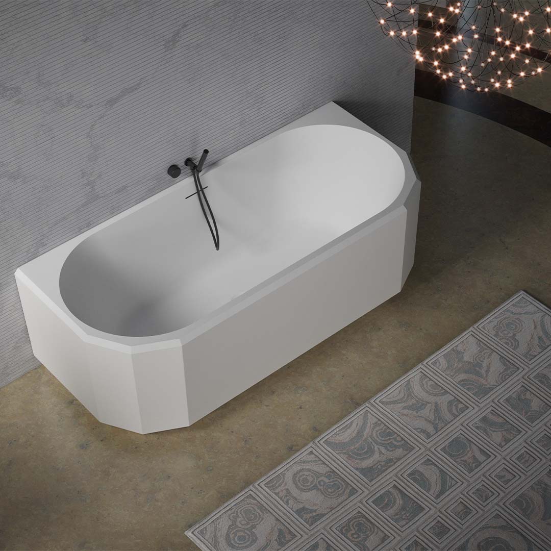 Cada de baie, de perete, 1500x750x550 mm, alb mat, compozit, forma ovala, MonBlari Beryl