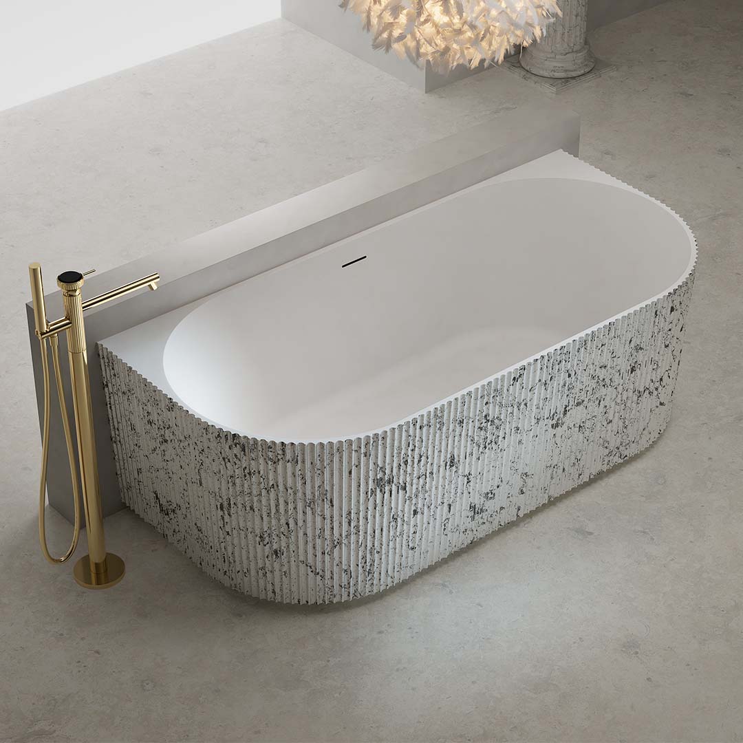 Cada de baie, de perete, 1700x750x550, din compozit, ovala, alb/gri, riflat, MonBlari