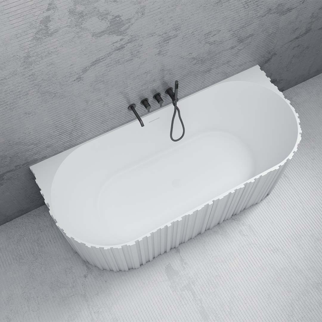 Cada de baie, de perete, 1700x750x550mm, ovala, din compozit, alb, riflaj vertical, MonBlari