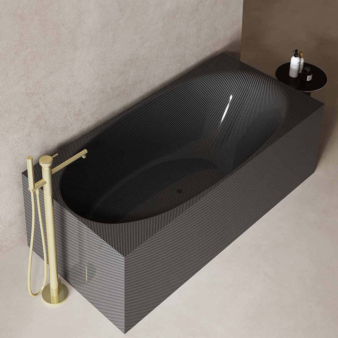 Cada de baie, de perete, 1700x800x550 mm, negru, din fibra de carbon Twill, forma dreptunghiulara, MonBlari