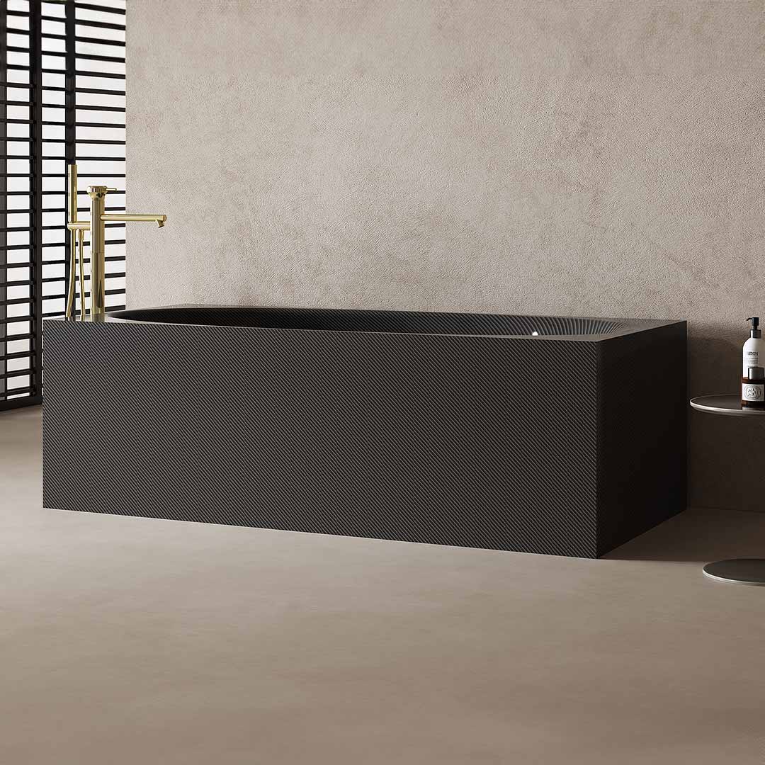 Cada de baie, de perete, 1700x800x550 mm, negru, din fibra de carbon Twill, forma dreptunghiulara, MonBlari