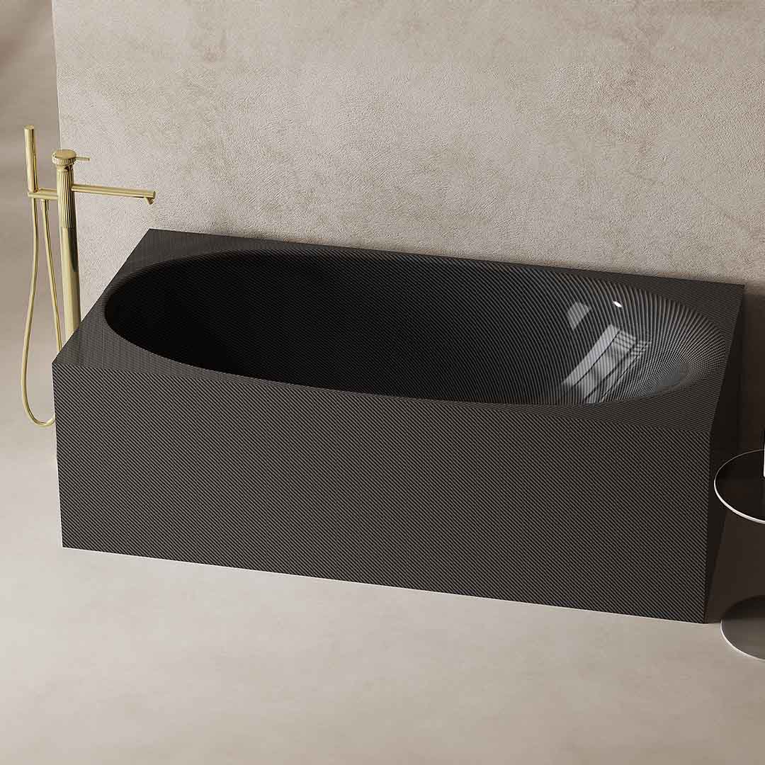 Cada de baie, de perete, 1700x800x550 mm, negru, din fibra de carbon Twill, forma dreptunghiulara, MonBlari