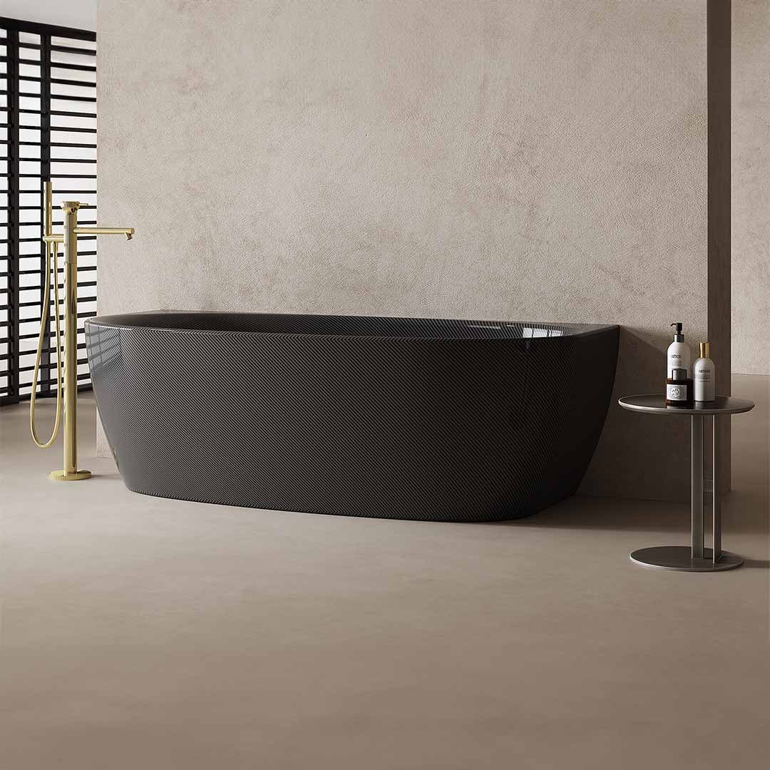 Cada de baie, de perete, 1700x800x550 mm, negru, din fibra de carbon Twill, forma ovala, MonBlari