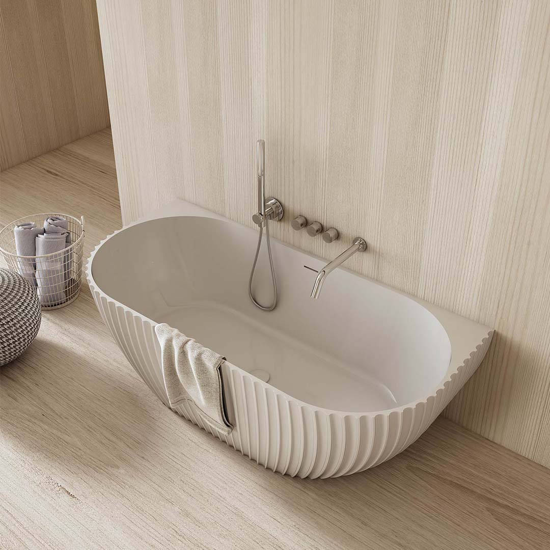 Cada de baie, de perete, 1700x800x580 mm, din compozit, ovala, alb mat, cu riflaje, MonBlari