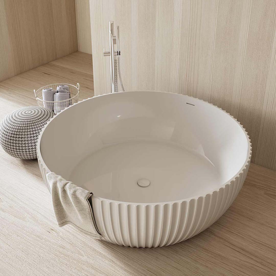 Cada de baie, freestanding, 1500x1500x580 mm, din compozit, rotunda, alb mat, cu riflaje, MonBlari