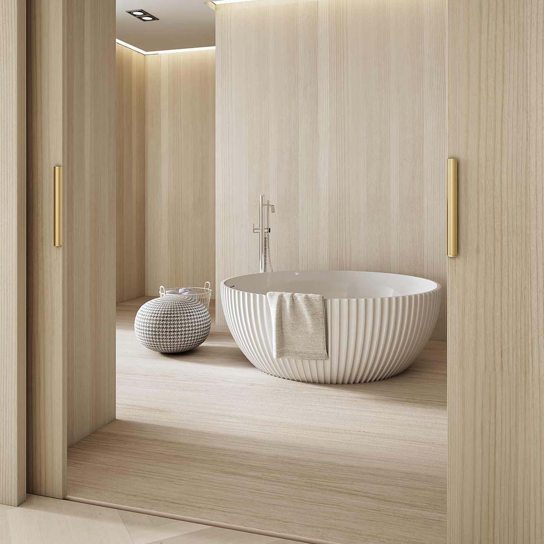 Cada de baie, freestanding, 1500x1500x580 mm, din compozit, rotunda, alb mat, cu riflaje, MonBlari