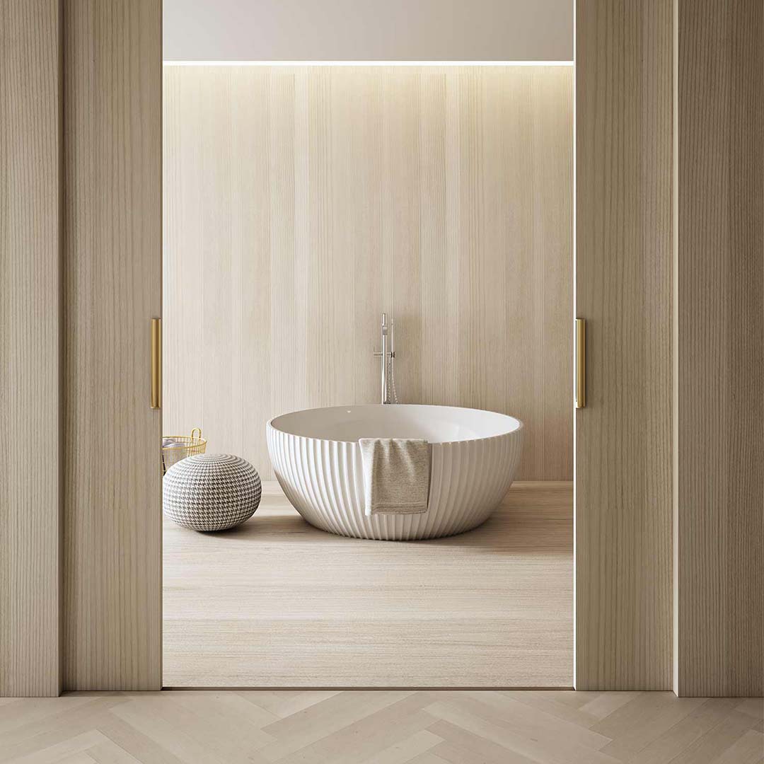 Cada de baie, freestanding, 1500x1500x580 mm, din compozit, rotunda, alb mat, cu riflaje, MonBlari