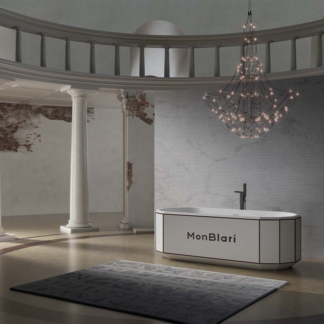 Cada de baie, freestanding, 1500x750x550 mm, alb mat cu linii negre, compozit, forma ovala, MonBlari Beryl