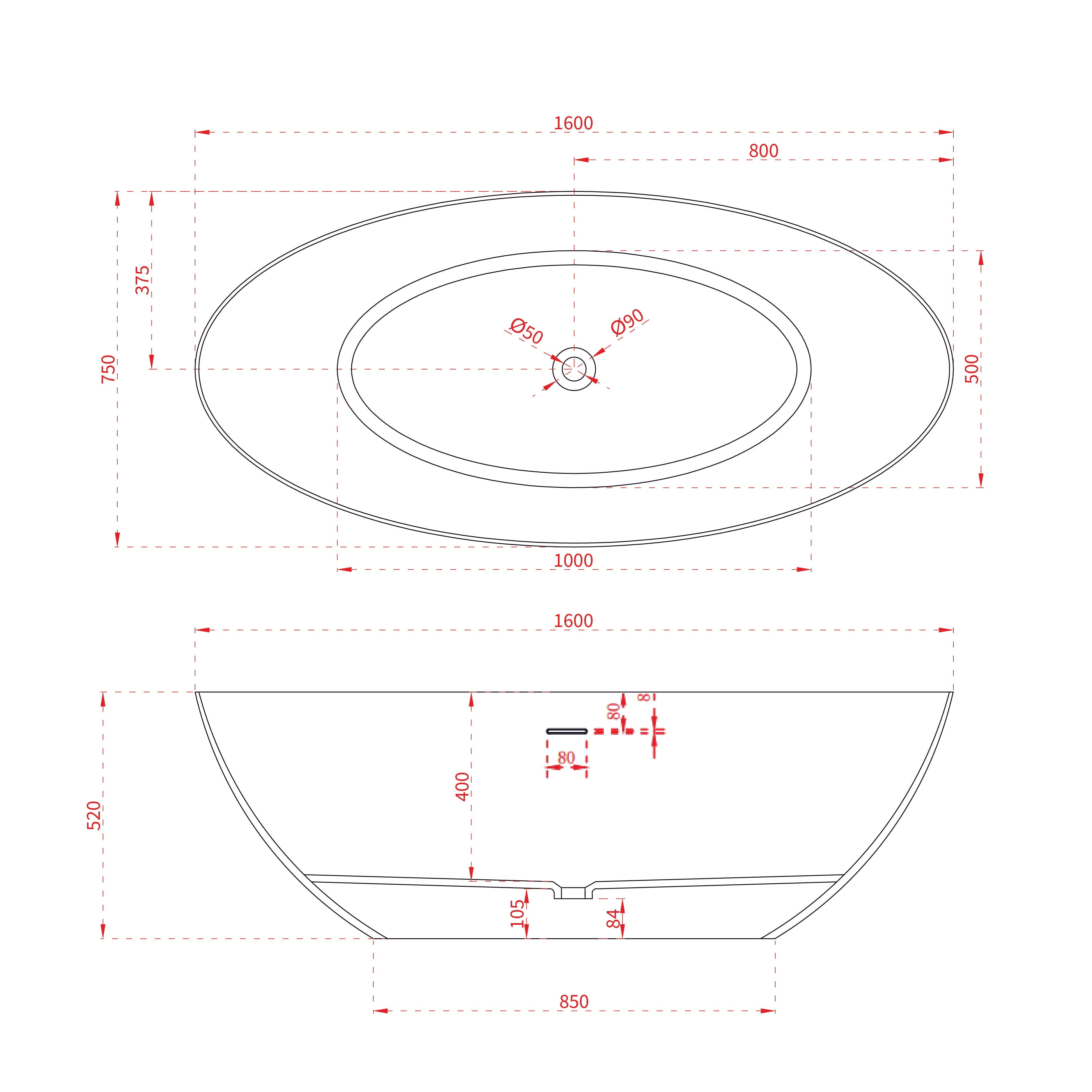Cada de baie, freestanding, 1600x750x520 mm, din compozit, ovala, alb, MonBlari