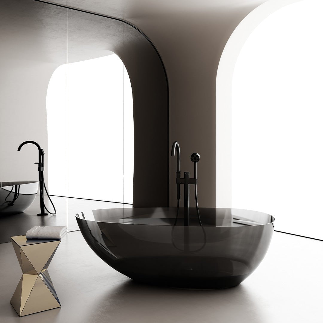 Cada de baie, freestanding, 1600x750x550, din rasina, ovala, negru mat transparent, MonBlari