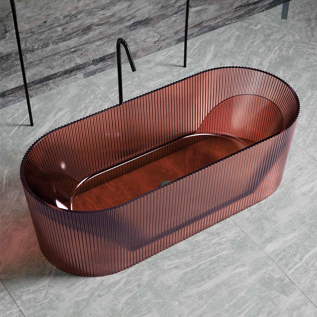 Cada de baie, freestanding, 1700x750x550, din rasina, ovala, cu riflaje, rosu transparent, MonBlari