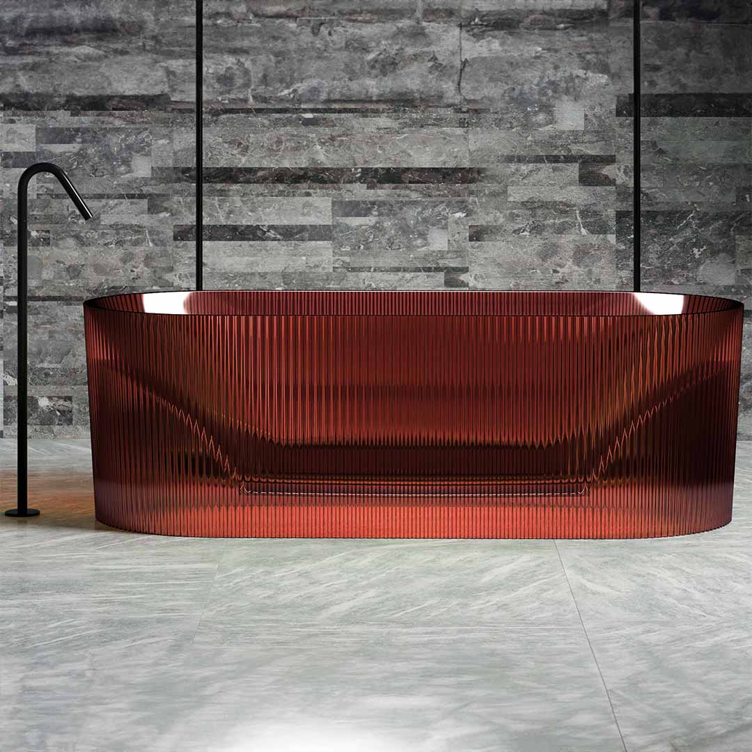 Cada de baie, freestanding, 1700x750x550, din rasina, ovala, cu riflaje, rosu transparent, MonBlari