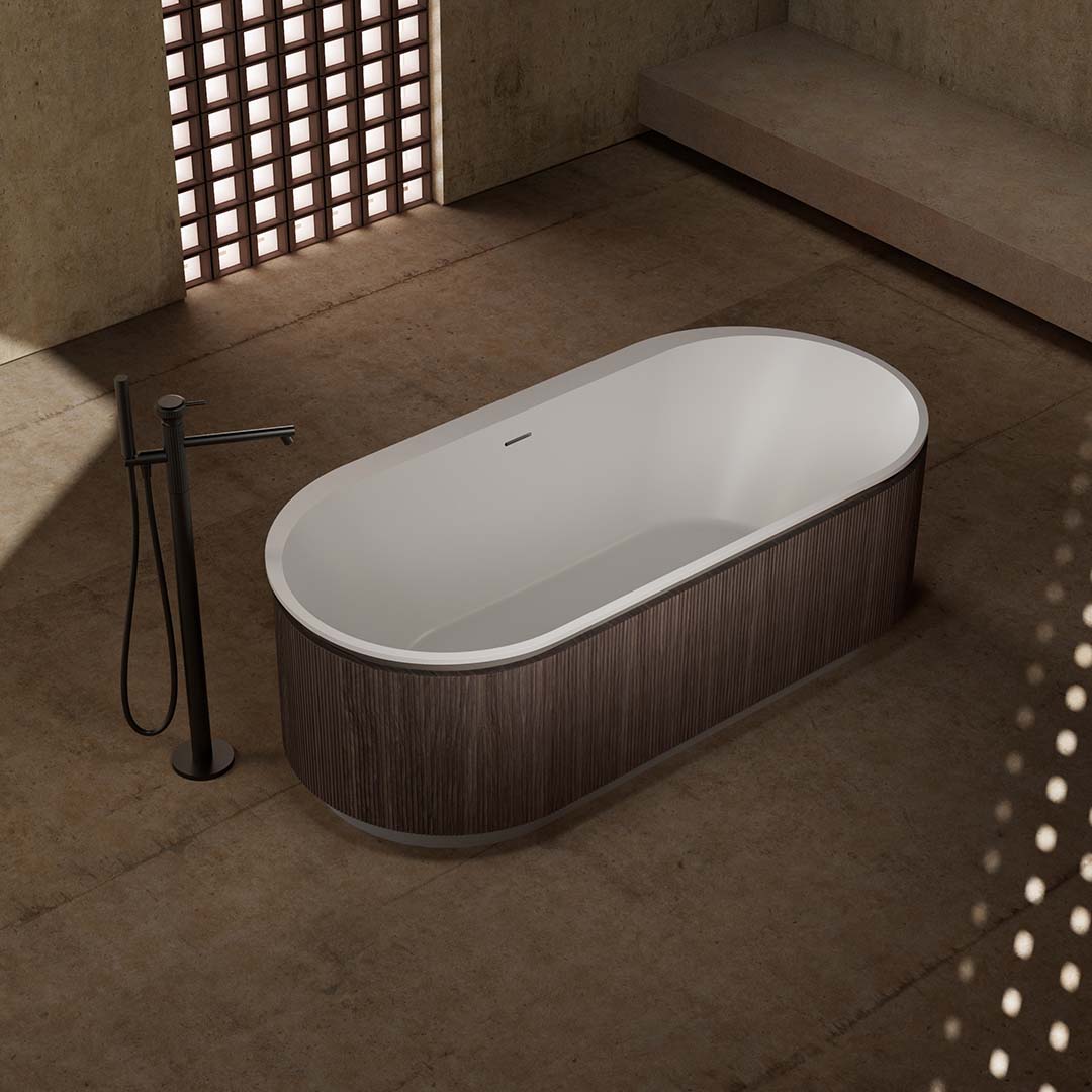 Cada de baie, freestanding, 1700x750x550 mm, alb cu exterior lemn natur, compozit, forma ovala, MonBlari