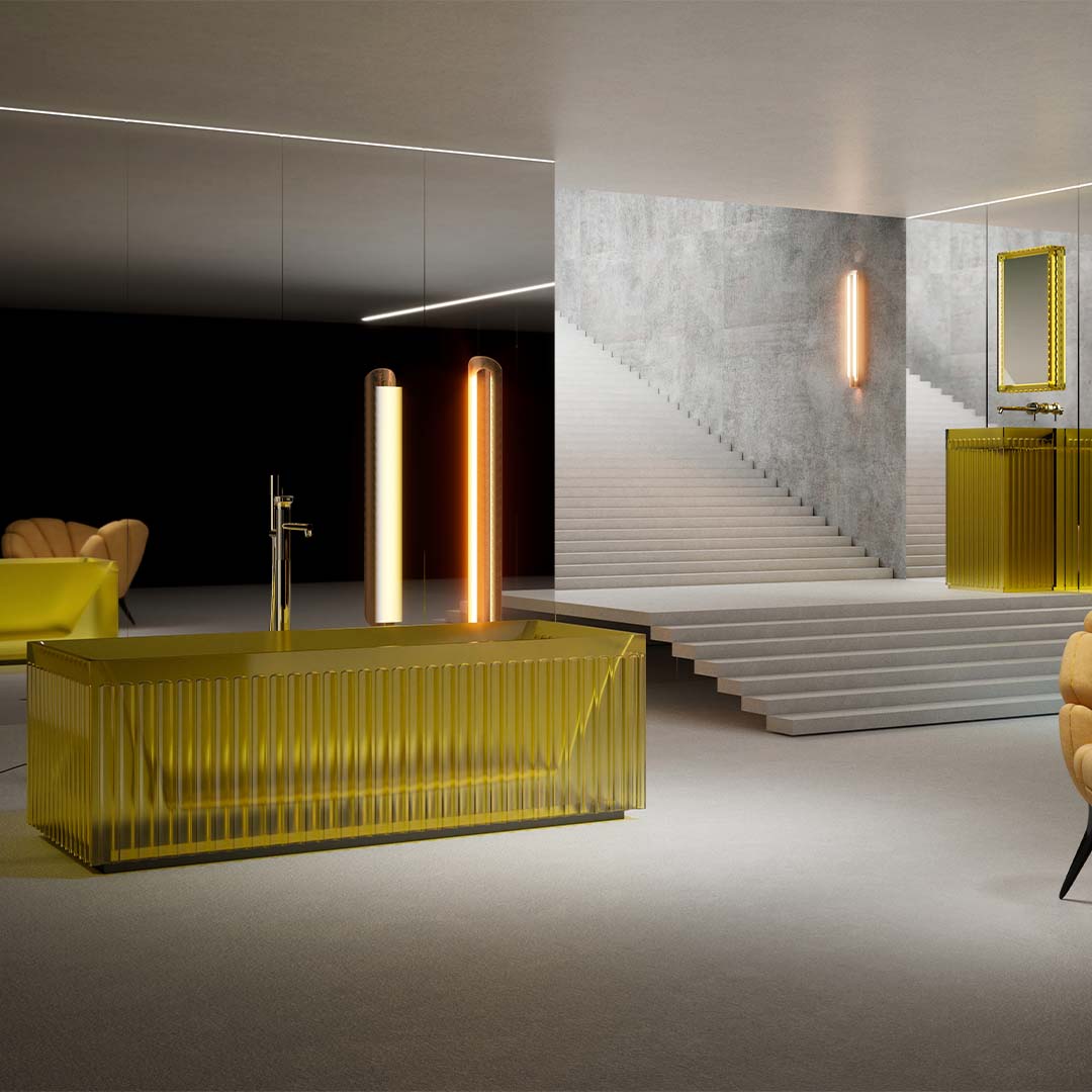 Cada de baie, freestanding, 1700x750x550mm, dreptunghiulara, din rasina, galben transparent, finisaj mat, MonBlari