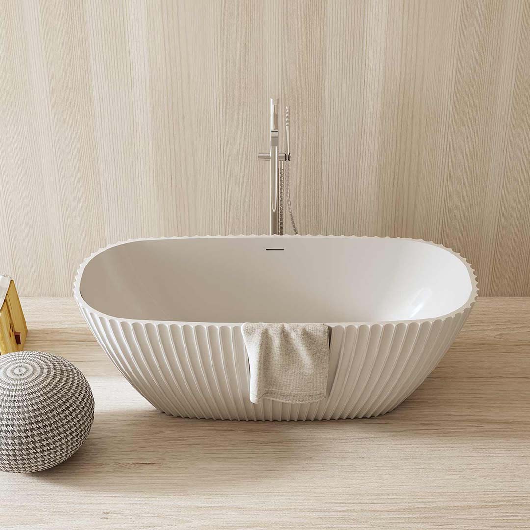 Cada de baie, freestanding, 1700x750x580 mm, din compozit, ovala, alb mat, cu riflaje, MonBlari