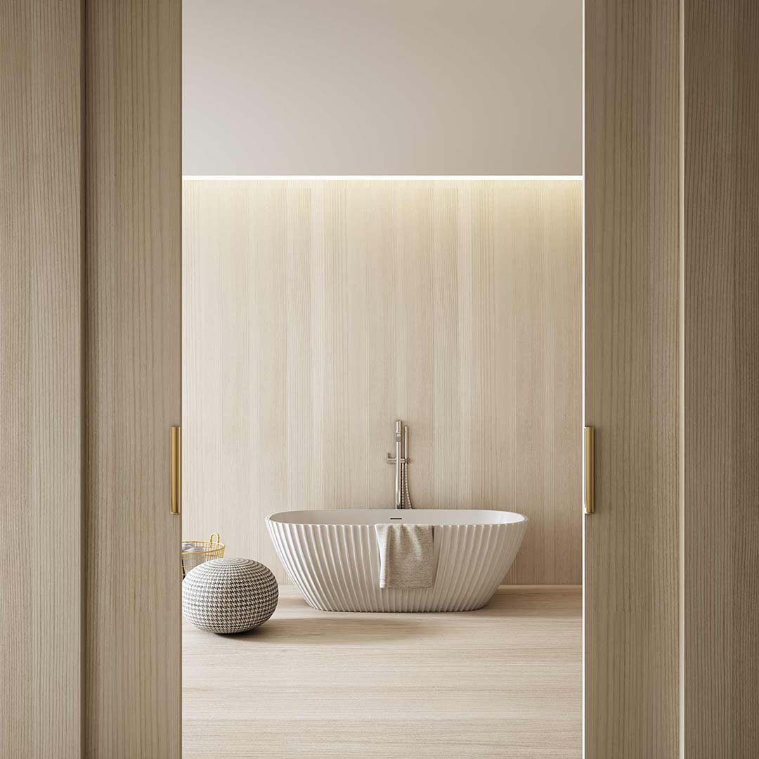 Cada de baie, freestanding, 1700x750x580 mm, din compozit, ovala, alb mat, cu riflaje, MonBlari