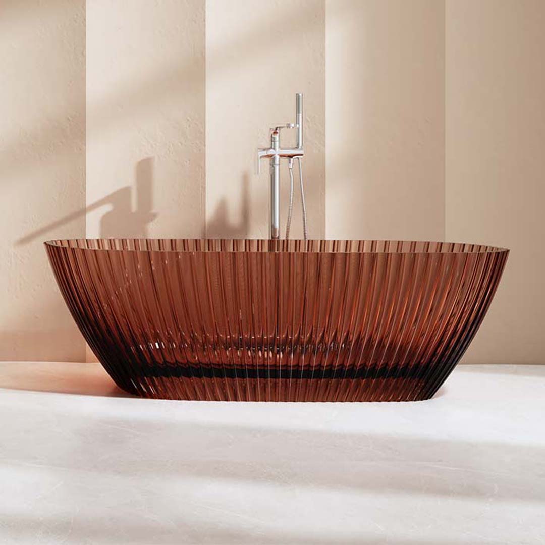 Cada de baie, freestanding, 1700x750x580 mm, din rasina, ovala, caramiziu transparent, cu riflaje, MonBlari