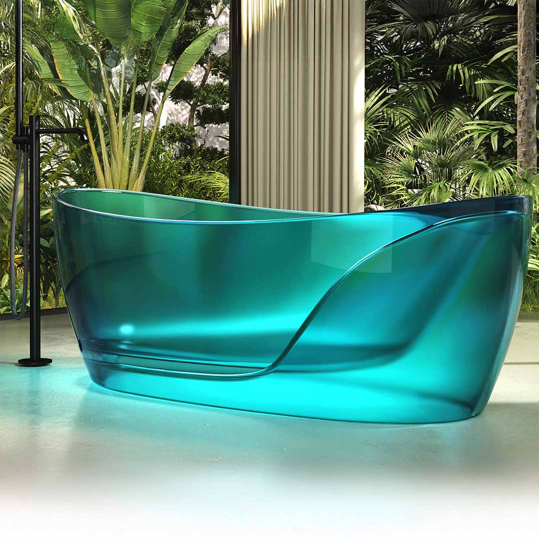 Cada de baie, freestanding, 1700x800x630 mm, din rasina, ovala, curbata, albastru transparent, MonBlari