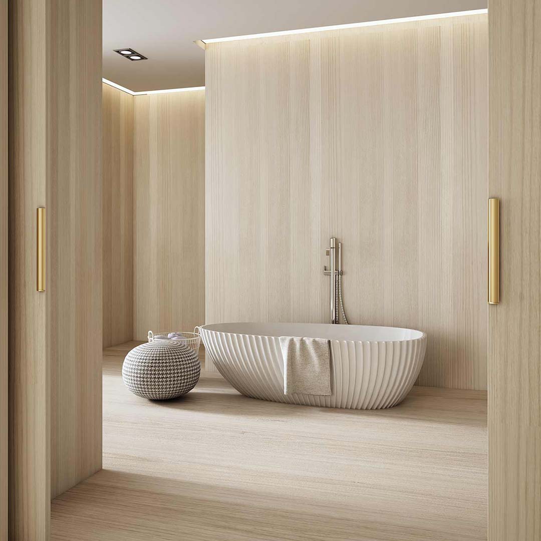 Cada de baie, freestanding, 1700x850x580 mm, din compozit, ovala, alb mat, cu riflaje, MonBlari